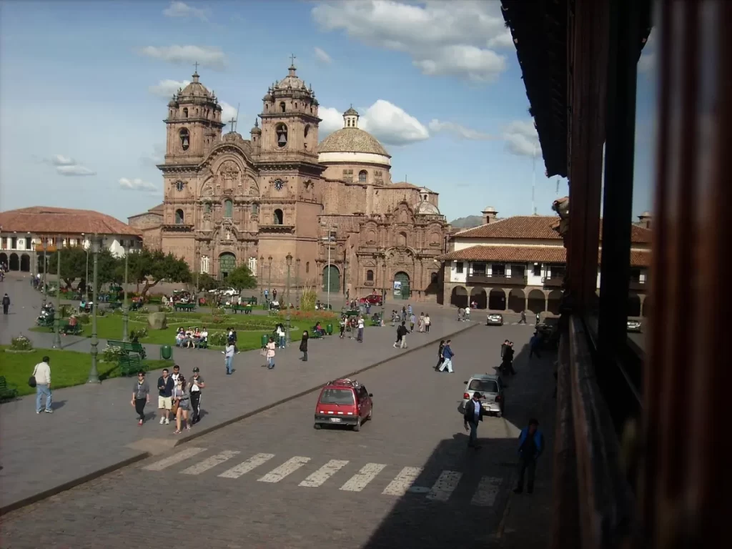 View of Cusco Cathedral and Plaza de Armas from a local restaurant, showcasing the city’s charm and colonial beauty.