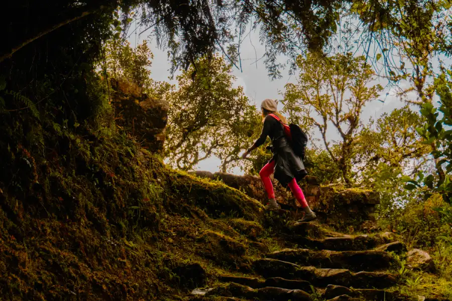 woman hiking andean trail cusco Woman hiking along a scenic Andean trail with mountain views