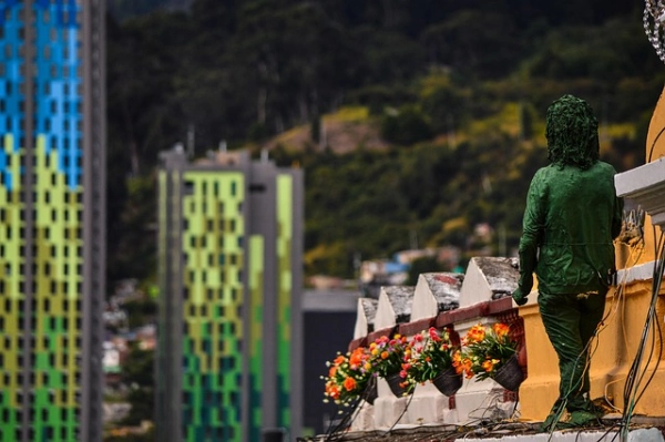 Artistic architectural view in La Candelaria district of Bogotá, Colombia with urban buildings and cultural atmosphere