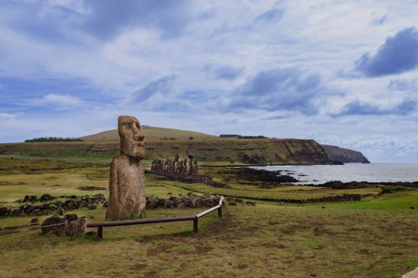 Moai statue overlooking the Pacific Ocean in Easter Island during the journey to Rapa Nui Chile