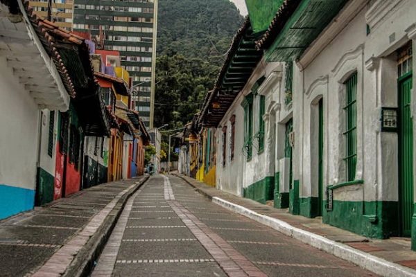 Colonial street in La Candelaria historic district in Bogotá, Colombia