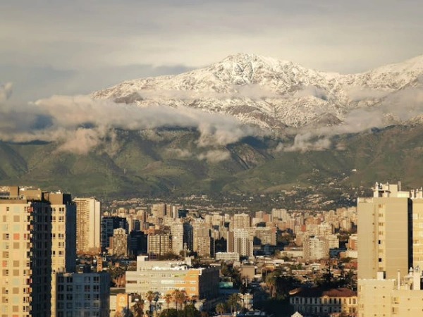 Panoramic view of Santiago Chile with the Andes Mountains during the first day of the Chile cultural journey