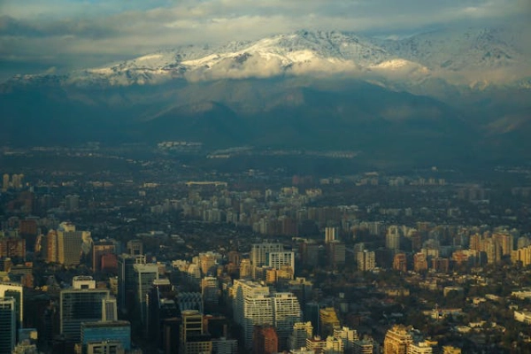 Panoramic view of Santiago Chile with the Andes Mountains during a Patagonia expedition journey
